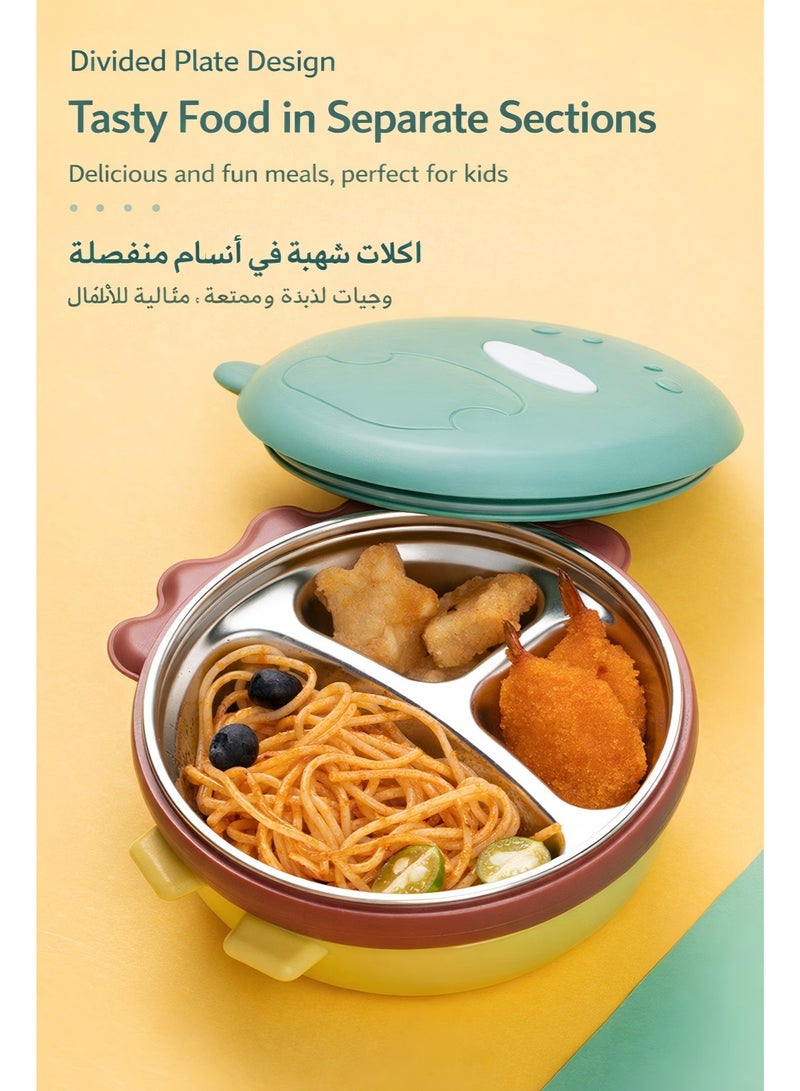 طبق تغذية معزول بالماء يحافظ على الحرارة، صينية داخلية من الفولاذ المقاوم للصدأ SUS316، فاصل بثلاثة أقسام، مانع للتسرب من السيليكون، قاعدة شفط قوية، علبة غداء بينتو للأطفال من عمر سنتين إلى 8 سنوات - Image 4